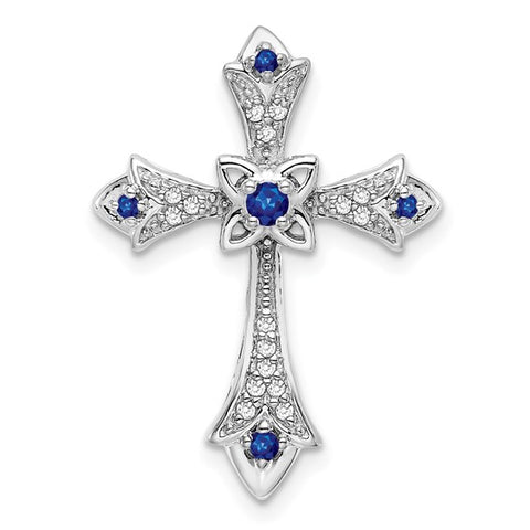 10 Karat White Gold Blue Sapphire Fleur de Lis Cross