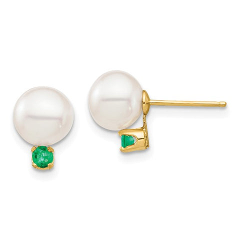 14 Karat Yellow Gold White Pearl & Emerald Earring