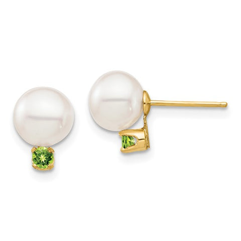 14 Karat Yellow Gold White Pearl & Peridot Earring