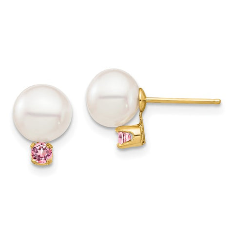 14 Karat Yellow Gold White Pearl & Pink Topaz Earring