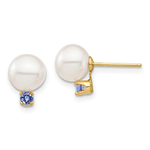 14 Karat Yellow Gold White Pearl & Tanzanite Earring