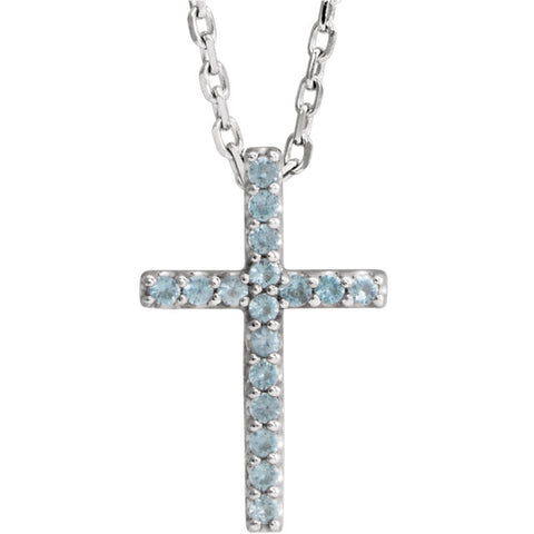 14 Karat White Gold Petite Blue Topaz Cross & Chain