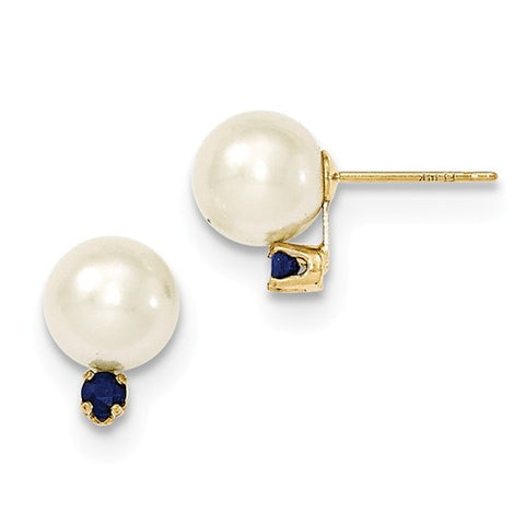 14 Karat Yellow Gold White Pearl & Sapphire Stud Earring